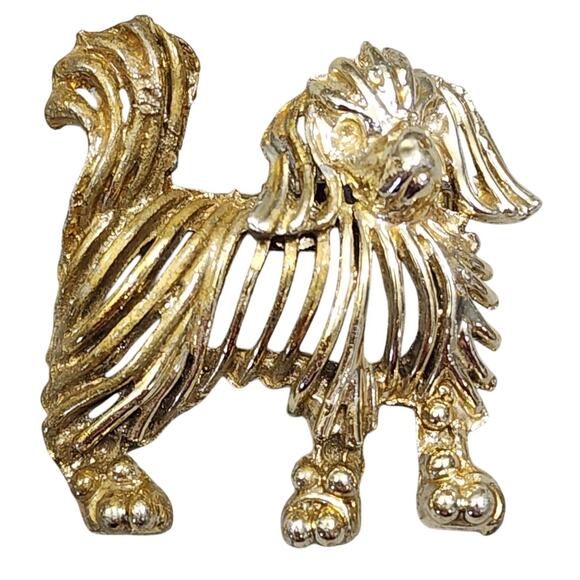 Vintage Shaggy Dog Brooch Pin Open Work Gold Tone Pekingese Spaniel En. Sheepdog - Picture 1 of 10
